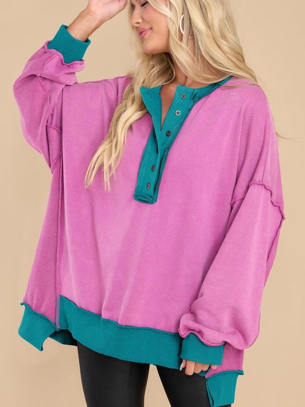 Relaxed Pink Henley Pullover with Teal Trim